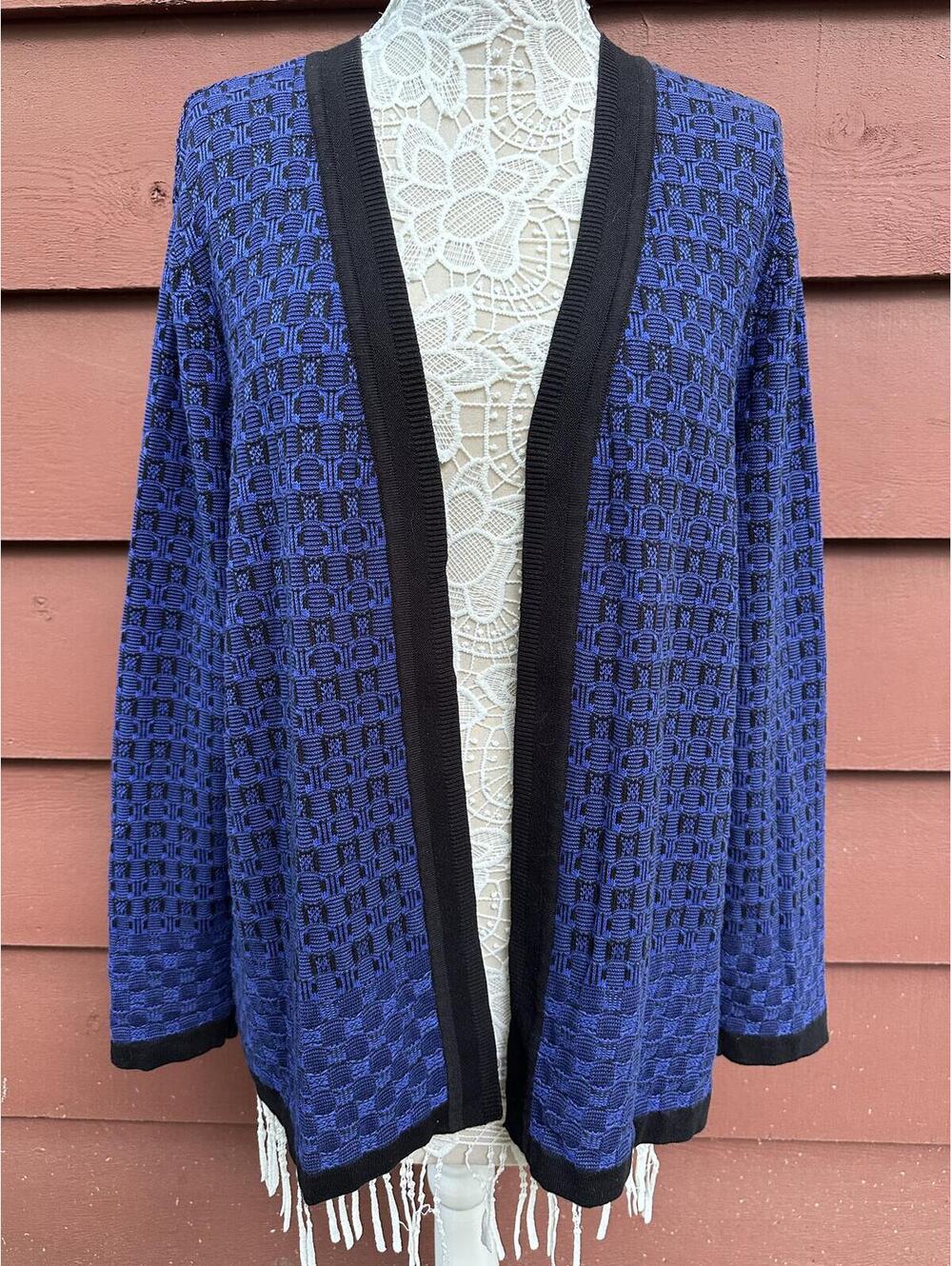 CJ Banks Blue and Black Textured Open Front Cardigan Boho‎ Y2K Vintage